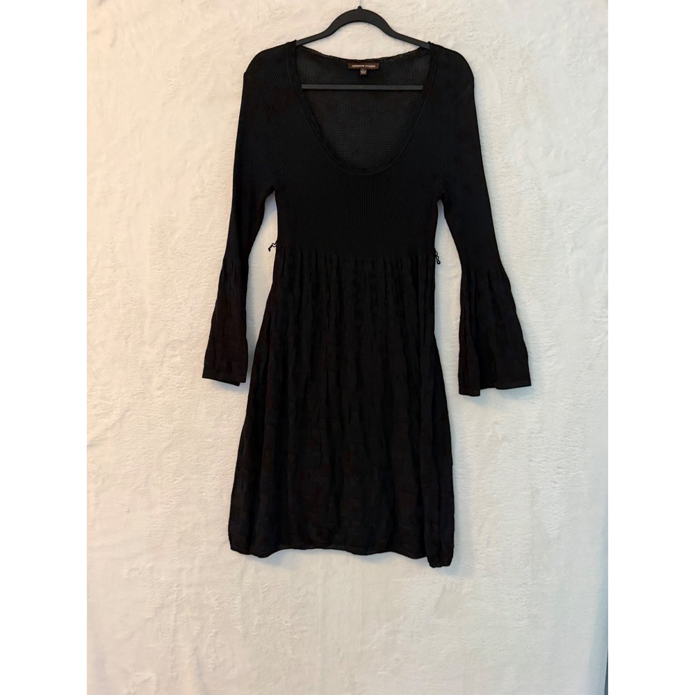 Adrienne Vittadini Black Knit Bell Sleeve Mini Dress Scoop Neck Ribbed Size L